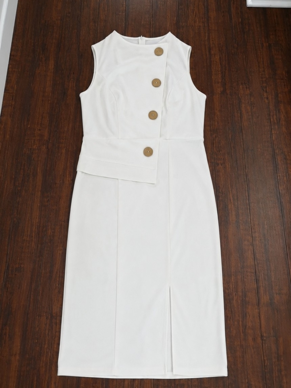 Sleeveless Cream Midi Dress with Offset Button Detail